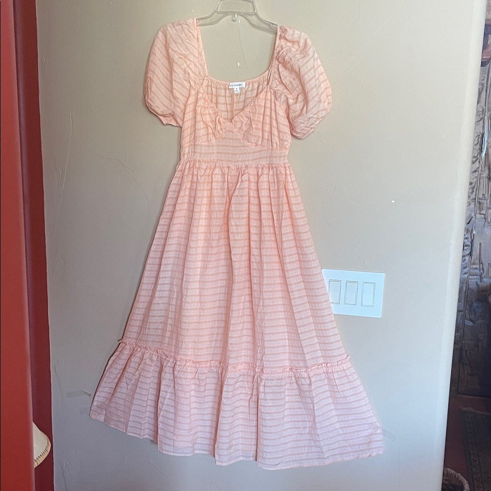 Blu Pepper Peach Puff-Sleeve Tiered Dress, milk girl cottage core, whimsical. S